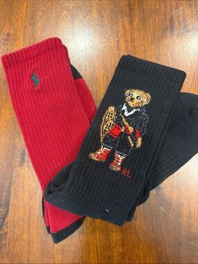 Polo by Ralph Lauren Red & Black Crew Socks with Bear Motif